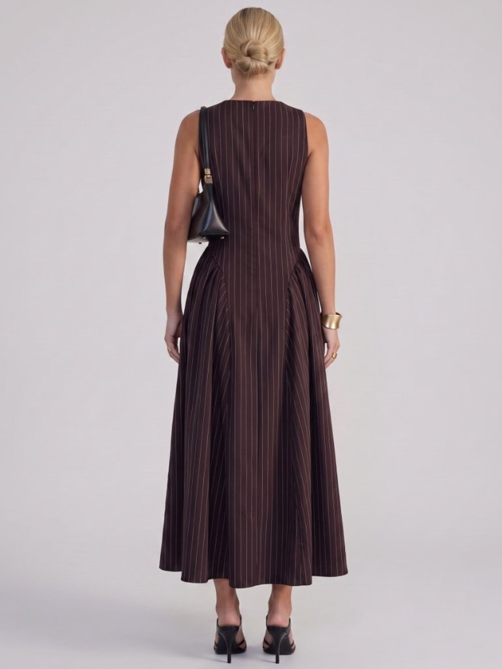 Women's Burgundy White Pinstripe Sleeveless Maxi Dress Cinched Waist A-Line - Picture 2 of 4